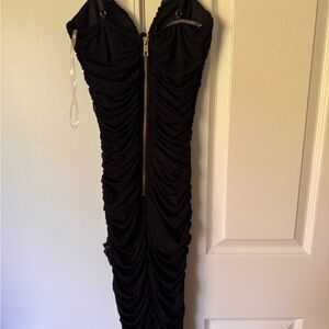 Fashion Nova Black Strapless Ruched Zip-Front Bodycon Dress